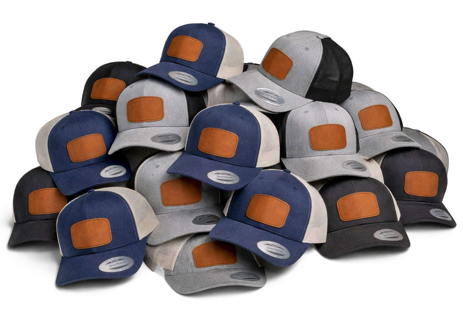 Squadron Deluxe Package 25+ Custom Engraved Logo Leather Patch Snapback Trucker Hat